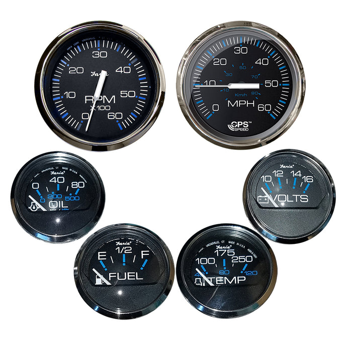 Faria Chesapeake Black wStainless Steel Bezel Boxed Set of 6  Speed Tach Fuel Level Voltmeter Water Temperature  Oil PSI