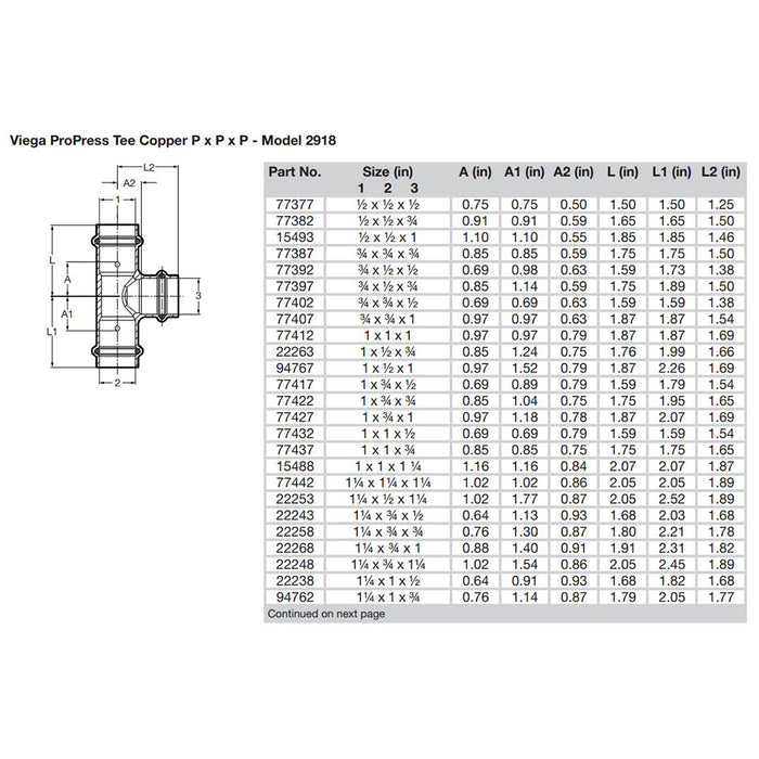 Viega ProPress 1 Copper Tee  Triple Press Connection  Smart Connect Technology 77412