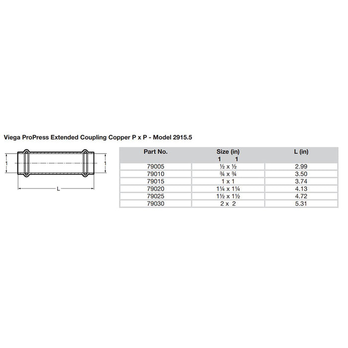 Viega ProPress 114 Extended Coupling wo Stop  Double Press Connection  Smart Connect Technology 79020