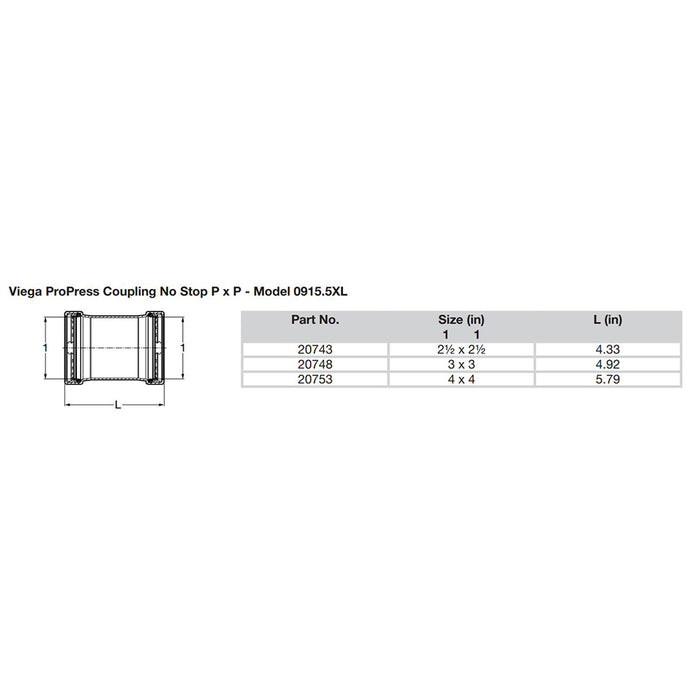 Viega ProPress 212 Copper Coupling wo Stop  Double Press Connection  Smart Connect Technology 20743