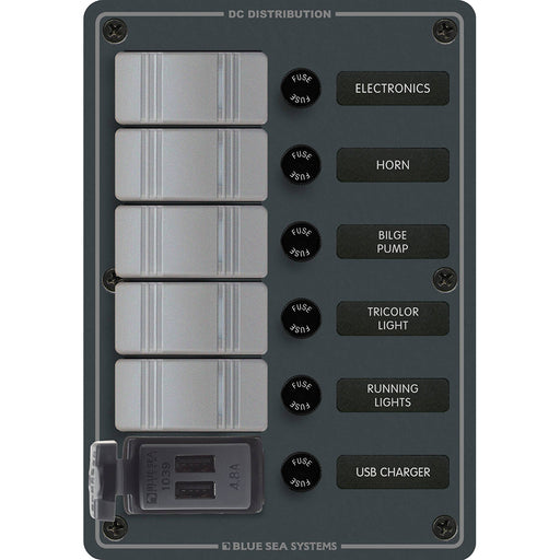 Blue Sea 8121  5 Position Contura Switch Panel wDual USB Chargers  1224V DC  Black 8121