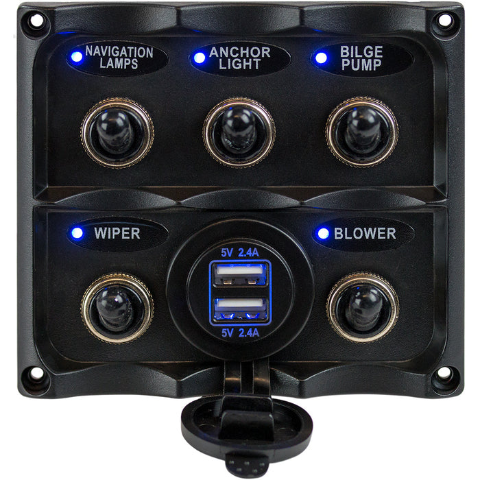 Sea-Dog Water Resistant Toggle Switch Panel w/USB Power Socket - 5 Toggle [424617-1]